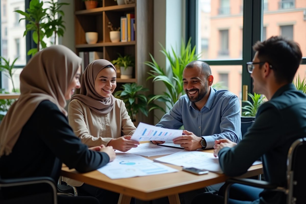 Collègues discutant et riant autour d