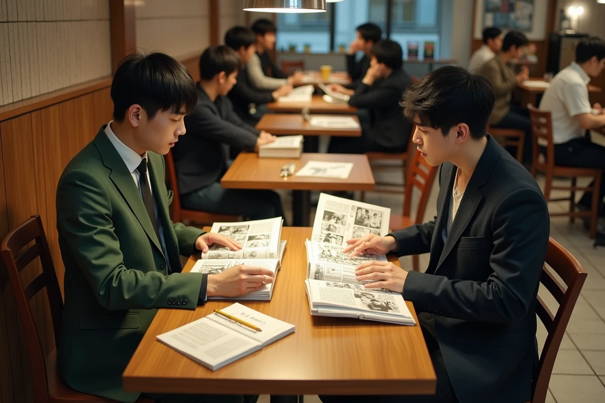 Deux hommes comparant les volumes manga et les notes sur les différences de personnages Leorio entre le manga et l'anime Hunter Hunter dans un café japonais