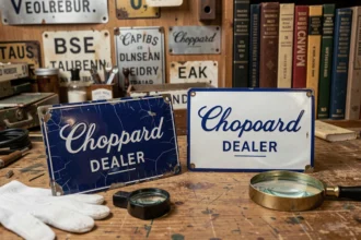 Comparaison côte à côte d'une plaque émaillée Chopard authentique et d'une reproduction moderne sur un établi d'antiquaire