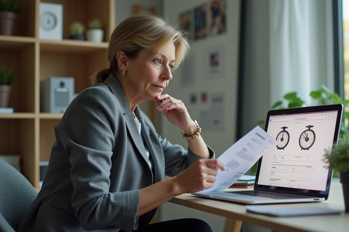Femme comparant des prix de dynamomètres en ligne depuis son bureau à domicile