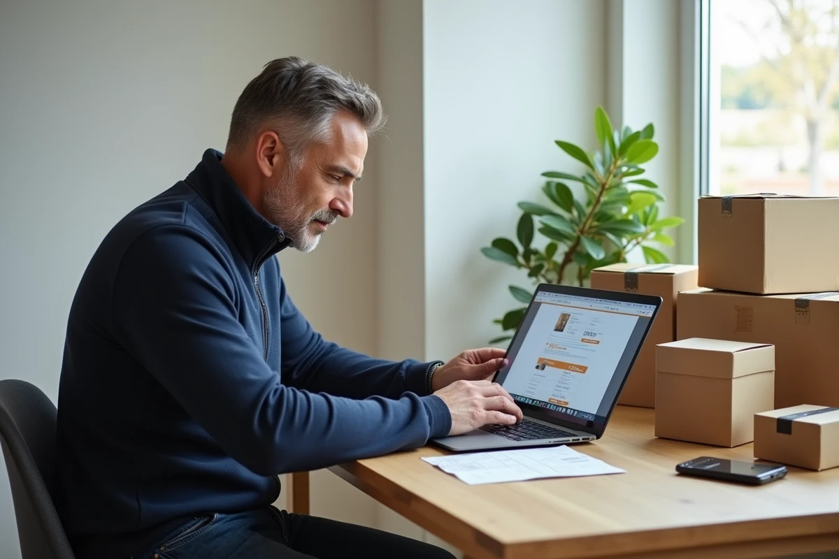 Homme comparant les prix d'envoi de colis en Europe sur ordinateur portable à la maison
