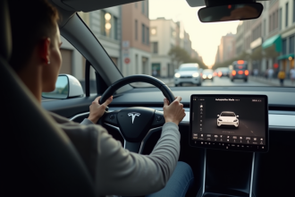 Personne au volant d'une Tesla en mode autopilot dans la ville
