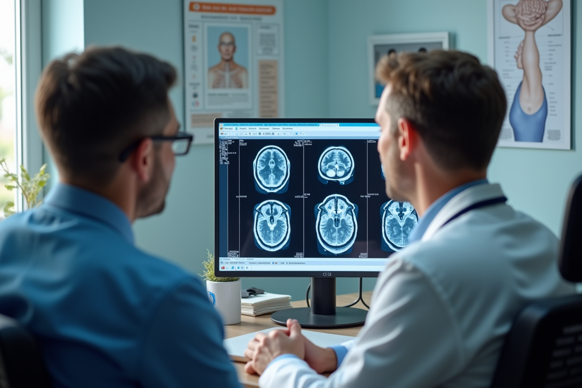 Médecin montrant une scan du cerveau à un patient en consultation