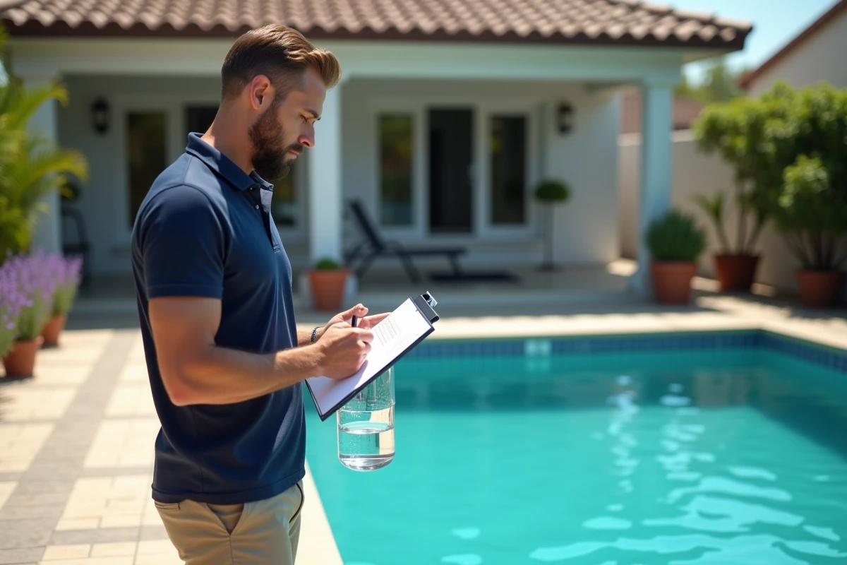 Homme calculant la conversion litres mètres cubes au bord d'une piscine de jardin avec un carnet de notes