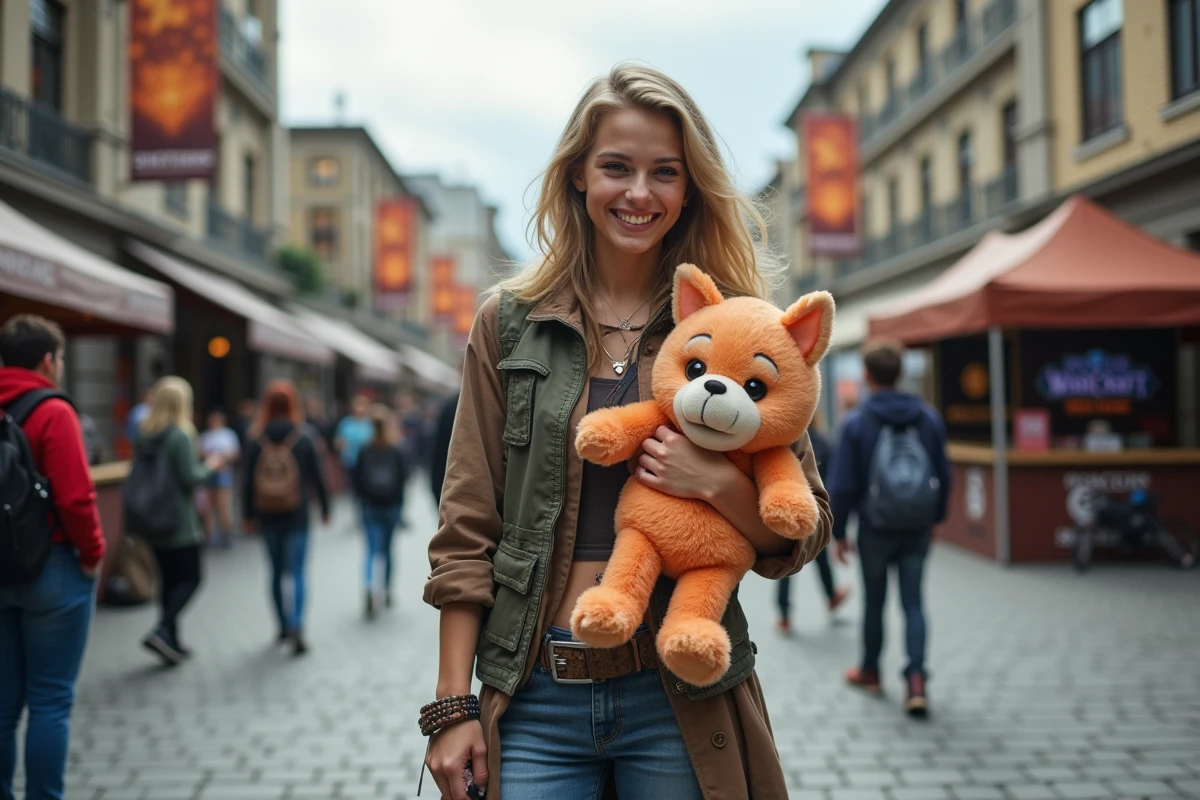 Jeune femme cosplaye avec peluche Dromoy lors d un evenement