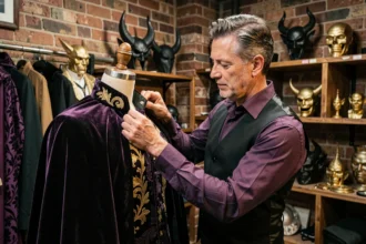 Costumier ajustant une cape de méchant Disney dans un atelier théâtral rempli d'accessoires dramatiques