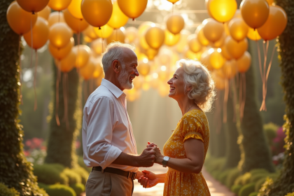 Couple âgé souriant sous des ballons dorés dans un jardin