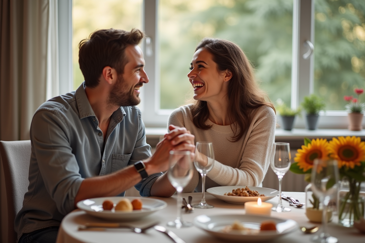 Couple souriant lors d un dîner d anniversaire à la maison