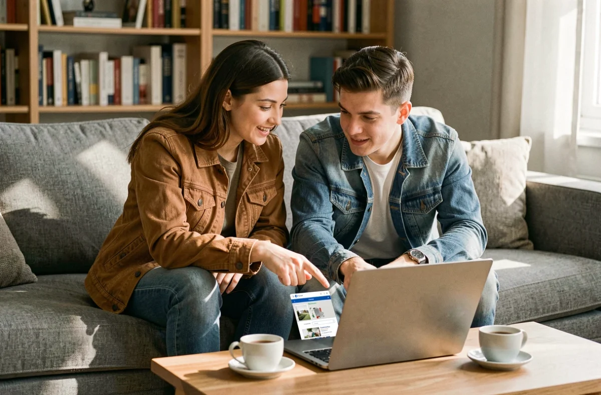 Couple recherchant des astuces de réduction sur Carrefour Drive depuis leur salon