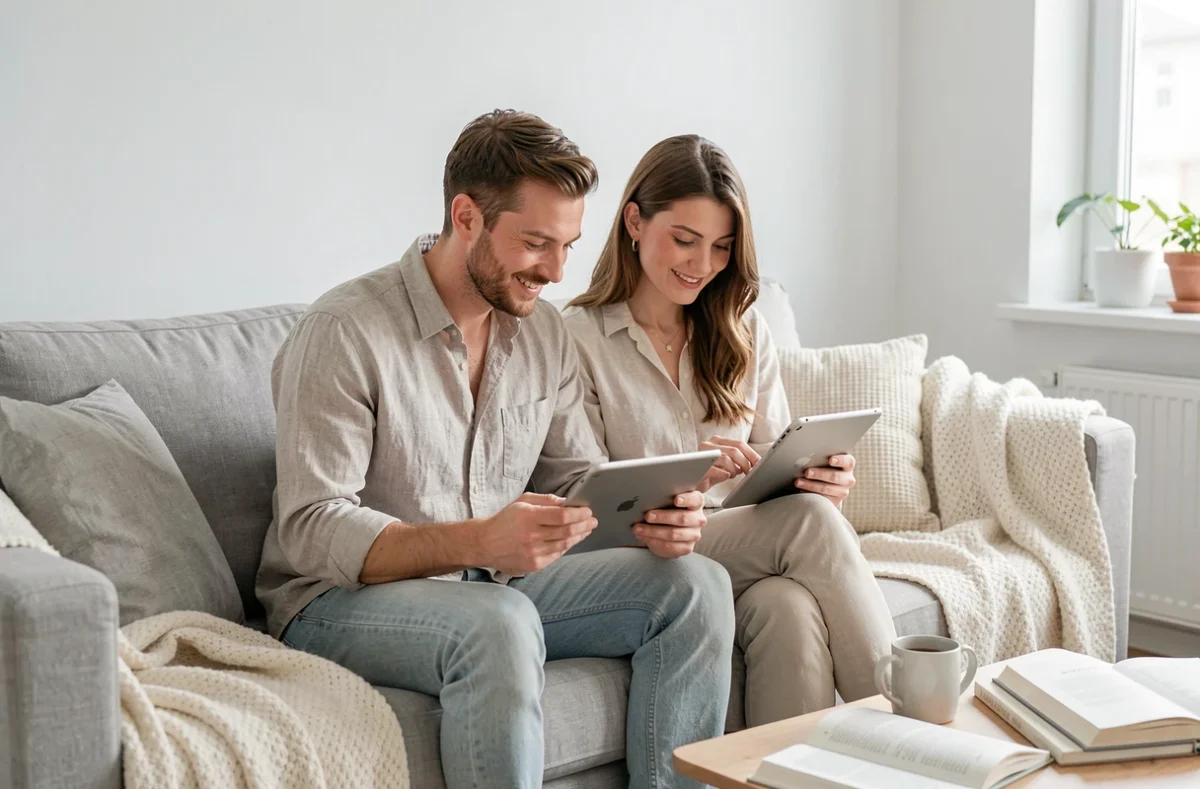 Couple consultant une liste de prénoms sur tablette dans un salon moderne et lumineux