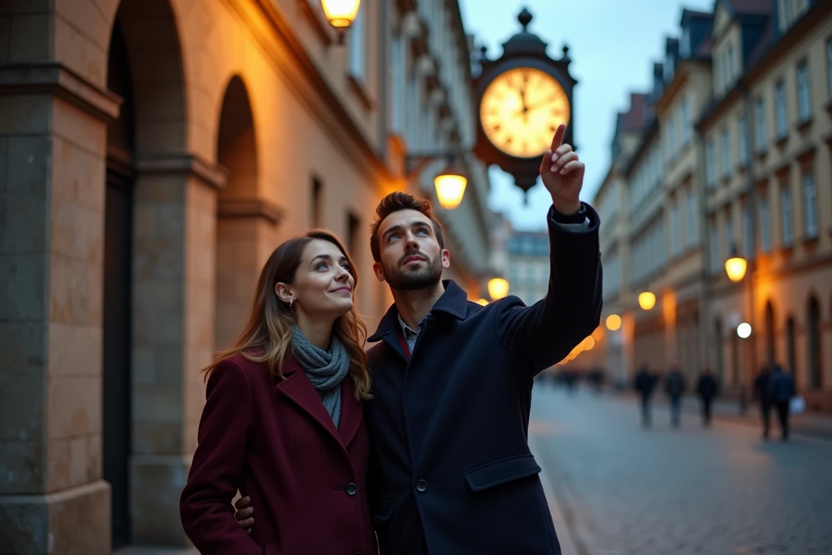 Couple regardant une horloge affichant 18h18 dans une rue pavée européenne, symbolisant le chemin sentimental guidé par les nombres angéliques