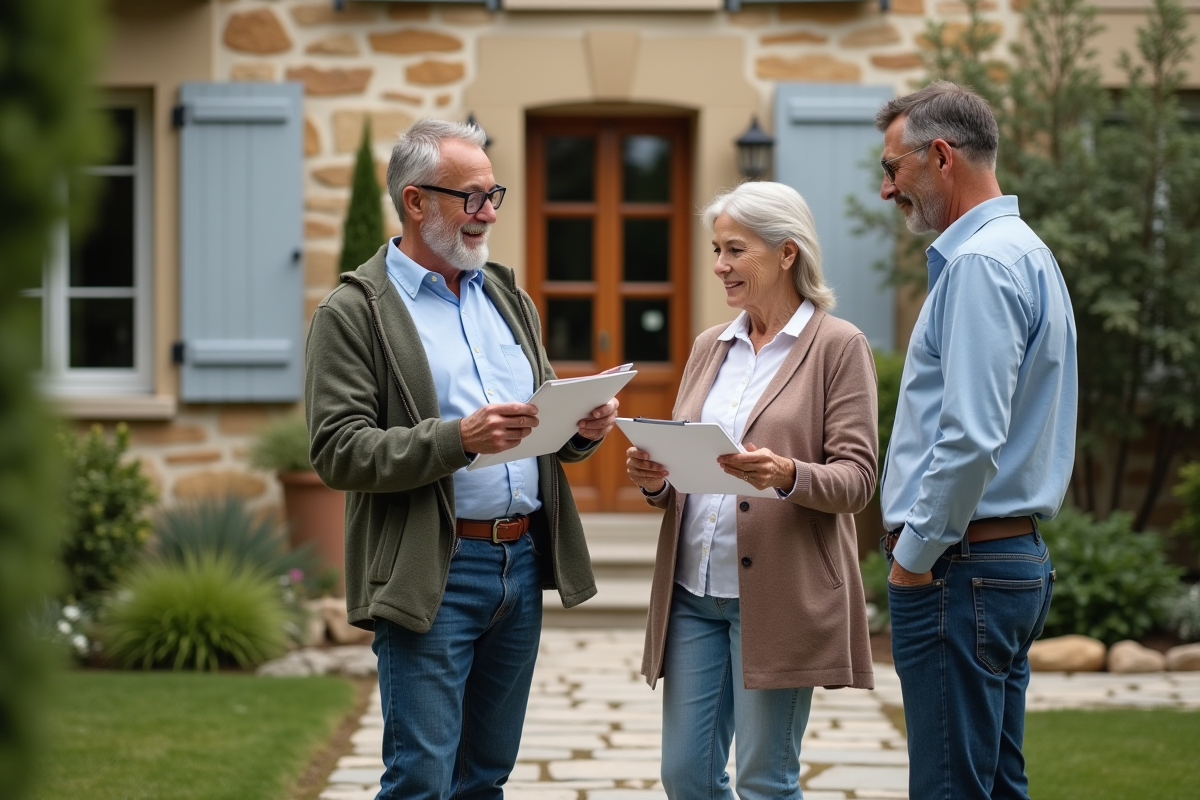 Vieux couple français examine des papiers devant leur maison en pierre