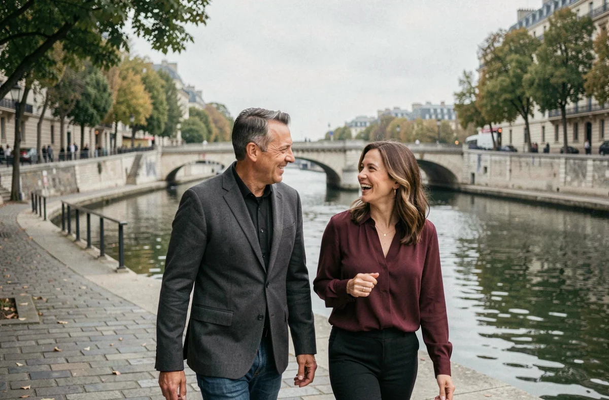 Couple élégant se promenant le long des quais de la Seine à Paris en conversation animée