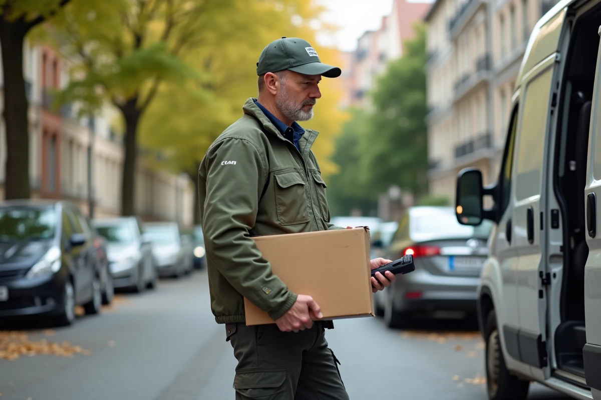 Livreur contrôlant un colis devant sa camionnette