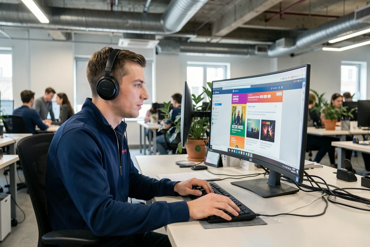 Designer créant un template d'emailing pour un blog de musique électronique dans un espace de travail créatif en open space