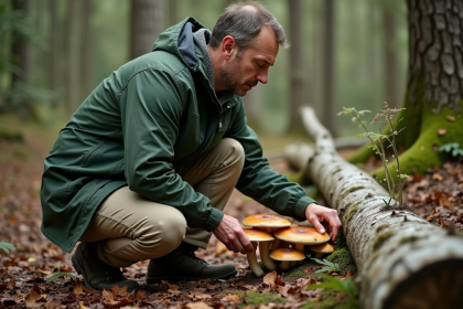 Homme cueillant des champignons dans la forêt automnale