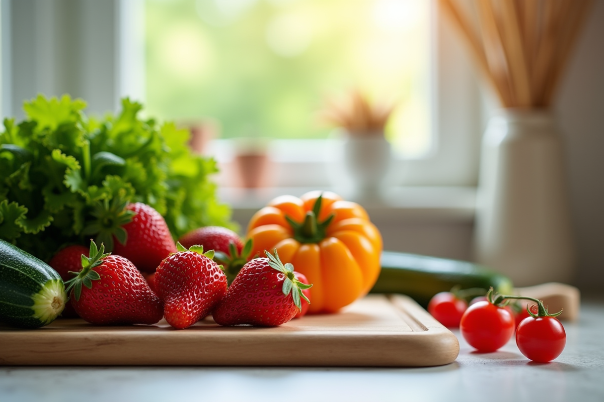 Plan de cuisine avec fruits et légumes de juin frais