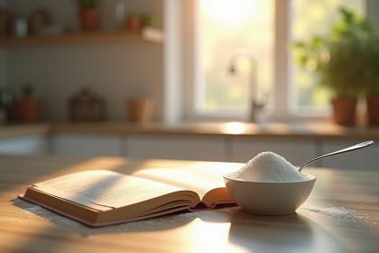 Plan de travail cuisine avec livre de recettes et bol de sucre