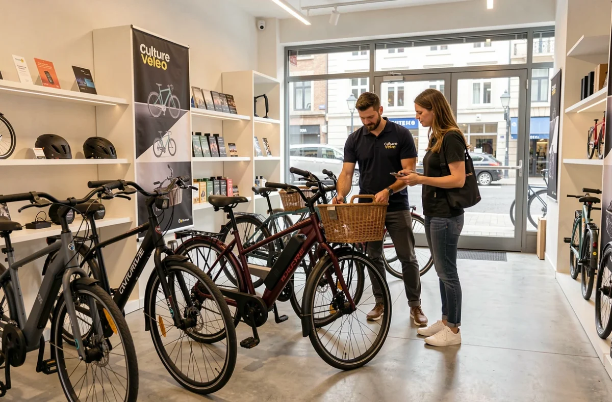 Conseiller Culture Vélo aidant une cliente à choisir un vélo urbain dans le magasin moderne de Metz