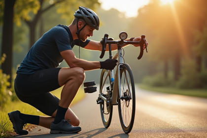 Cycliste vérifiant la pression des pneus de son vélo sur une route ensoleillée