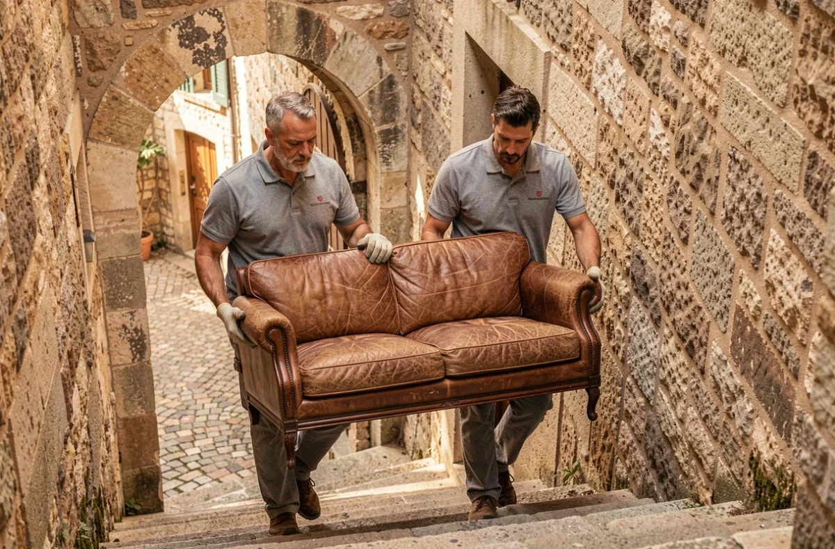 Deux déménageurs Dazin-Besnier portant un canapé en cuir dans l'escalier d'un immeuble en pierre à Aix-en-Provence