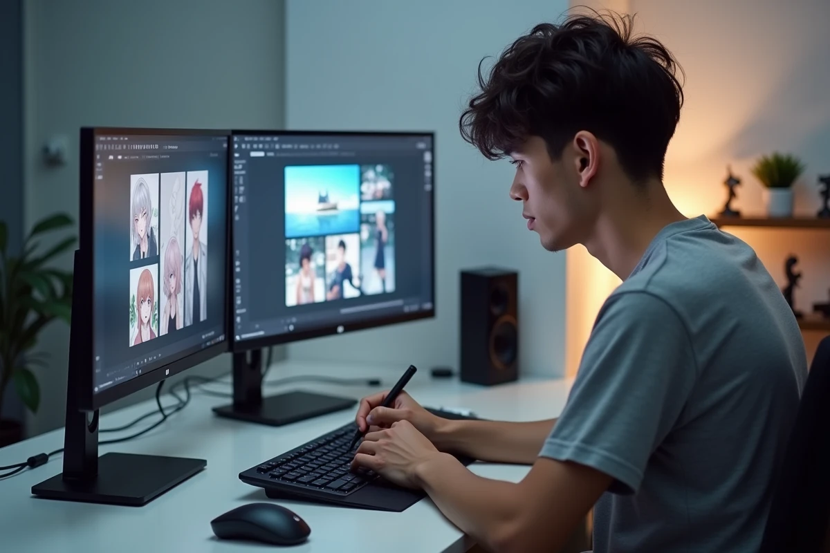 Jeune homme débutant utilisant une tablette graphique pour scanner et éditer des planches de manga sur un poste de travail moderne