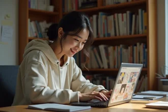 Jeune femme débutante dans le scantrad lisant des pages de manga sur un ordinateur portable dans un bureau cosy