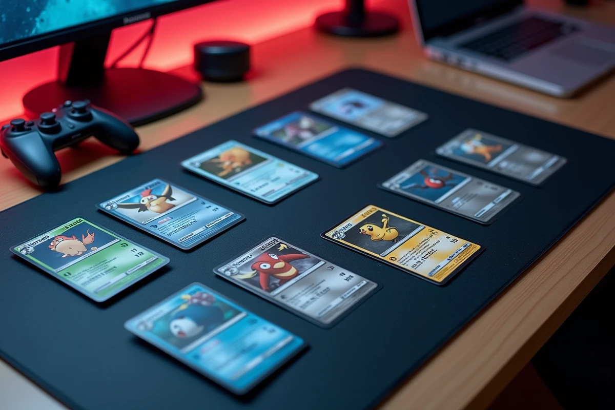 Vue aérienne d'un deck Pokémon Pocket agressif disposé sur un tapis de jeu noir avec cartes énergies et Pokémon actif en position offensive