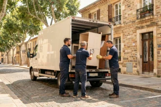 Équipe de déménageurs professionnels chargeant un camion sur une rue pavée d'Aix-en-Provence