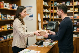 Femme déposant un colis Colissimo au comptoir d'un point relai en France