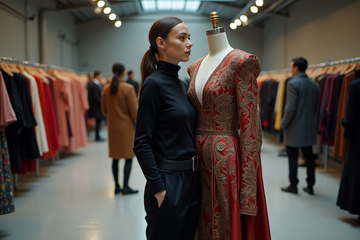 Jeune créatrice de mode dans les coulisses d’un défilé avec robe ornée