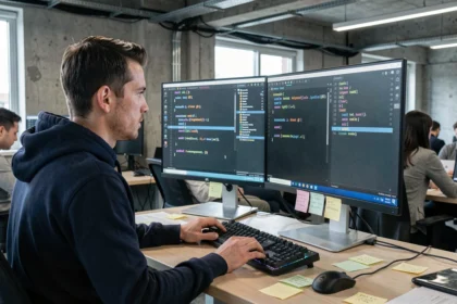 Développeur logiciel utilisant GDB dans un terminal sur un double écran dans un bureau moderne