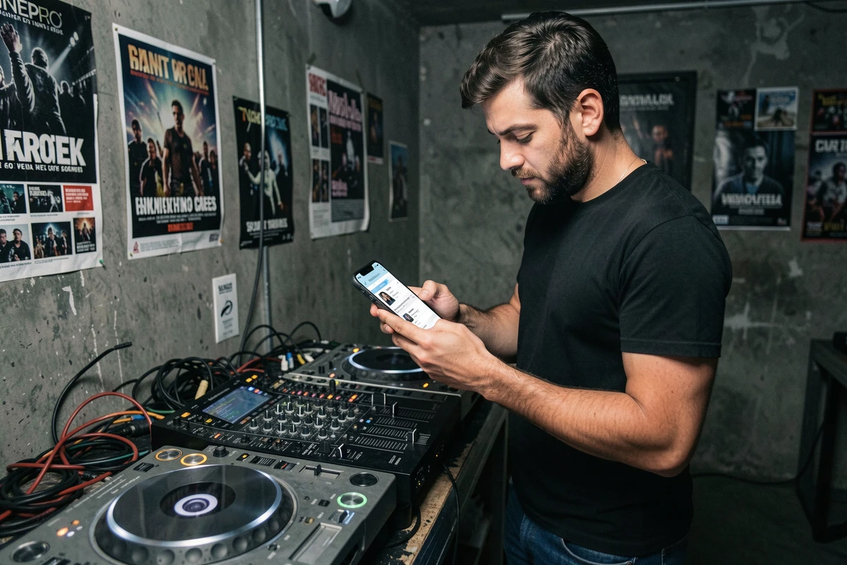 DJ consultant une campagne d'emailing sur son smartphone devant un booth dans un club de musique électronique