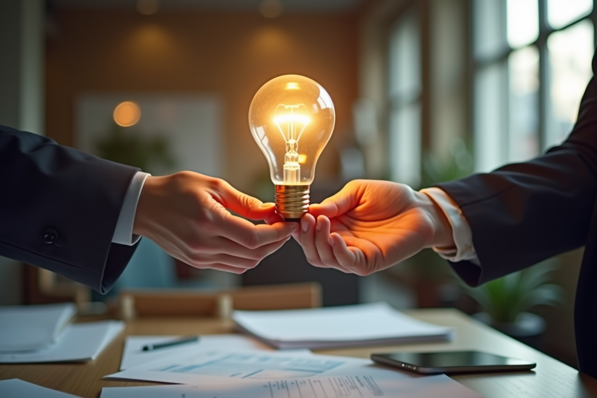 Deux mains échangeant une ampoule lumineuse dans un espace créatif
