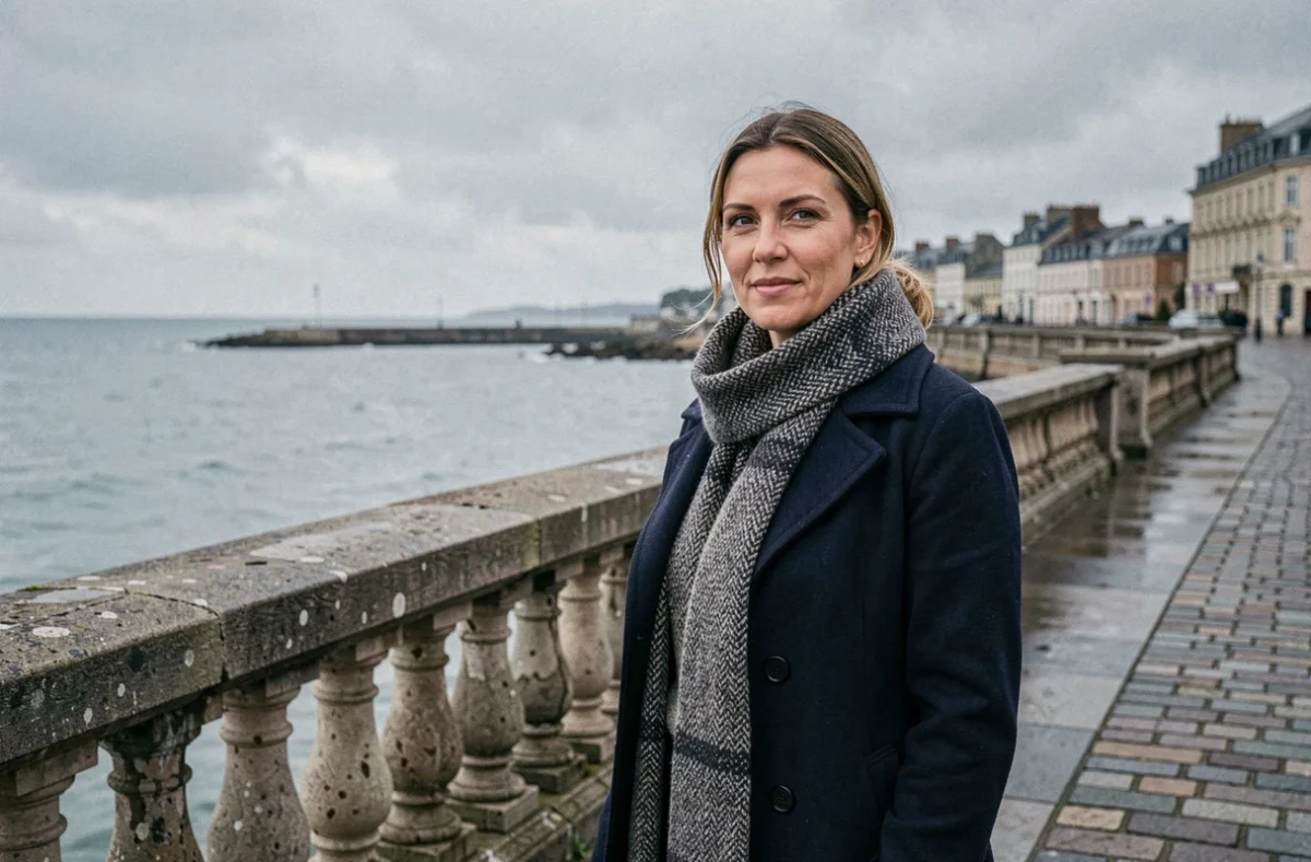 Elodie Baras, photographe en manteau marine sur le front de mer de Calais avec la Manche en arrière-plan