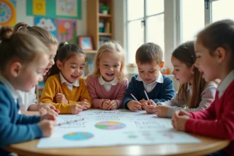 Groupe d enfants en classe primaire récitant un poème ensemble