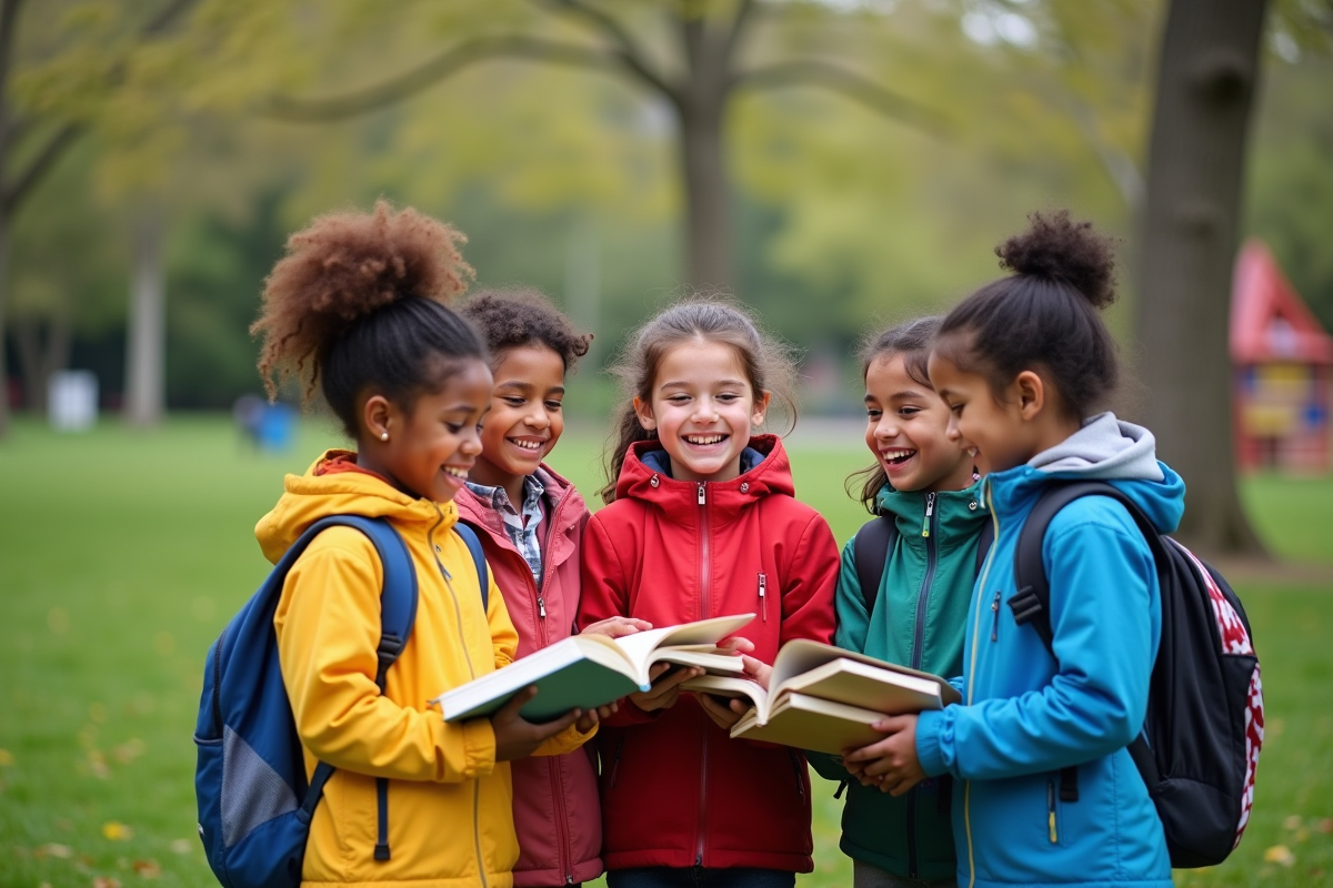 Enfants de divers horizons échangeant des livres dans un parc
