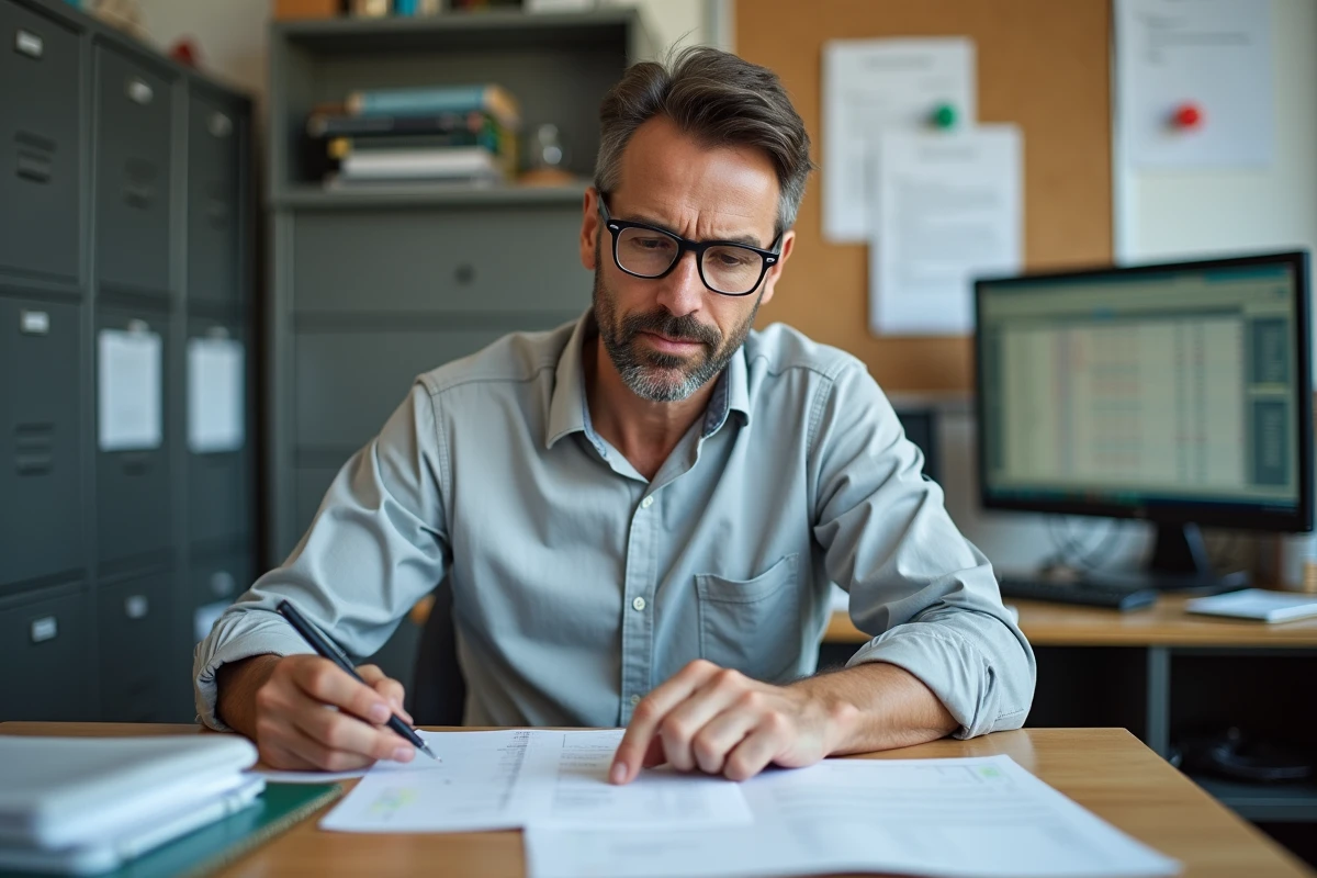 Enseignant certifié consultant des documents de grille indiciaire à son bureau dans un bureau administratif scolaire
