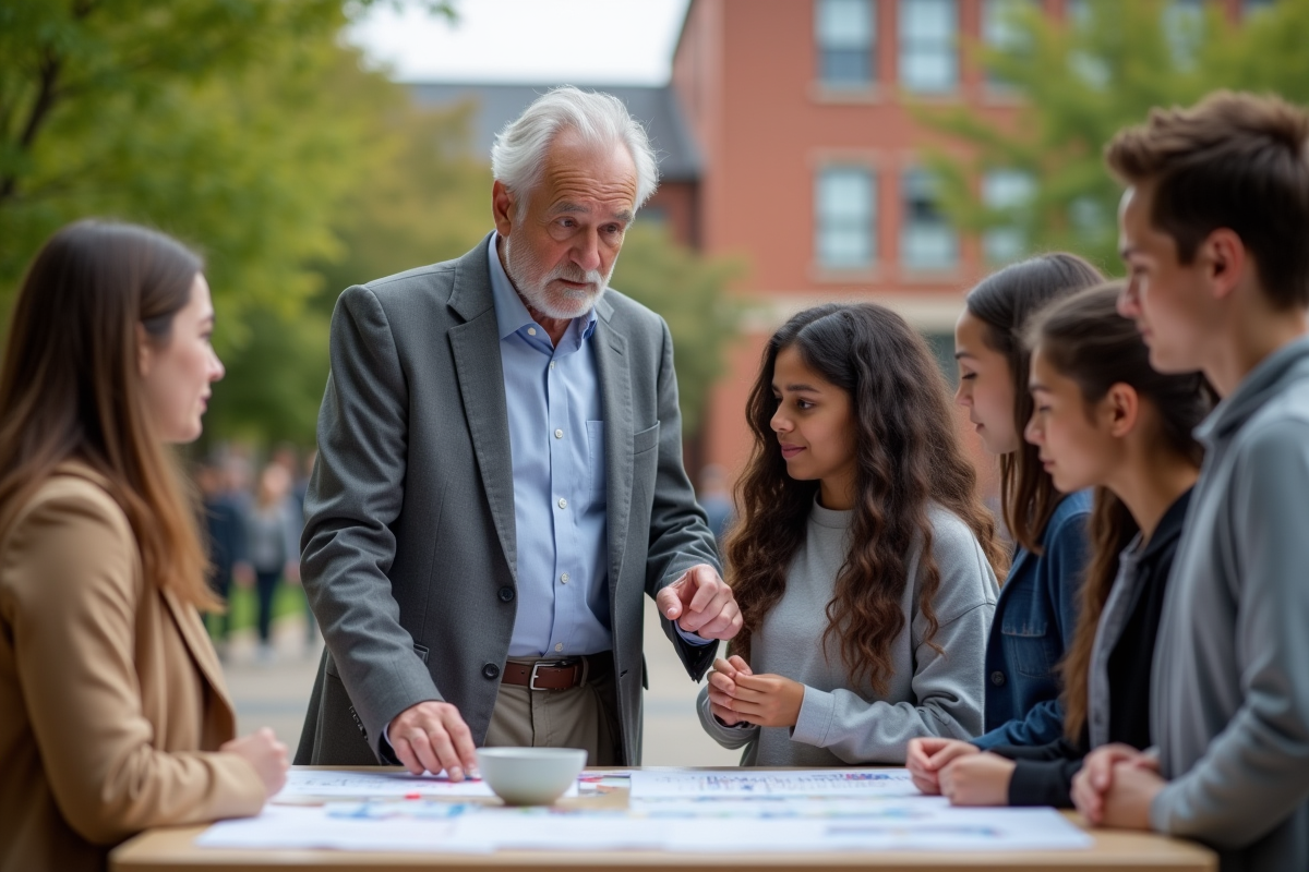 Professeur avec élèves devant l école en plein air