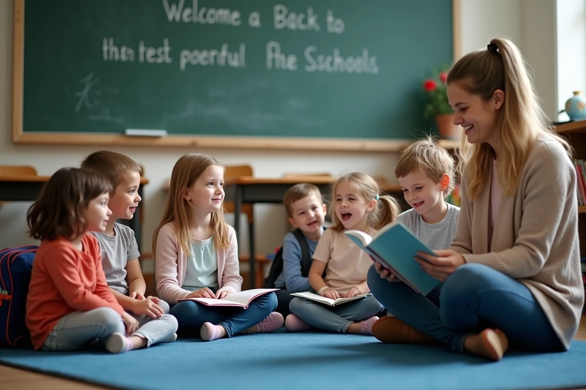 Enseignante lisant un livre de poésie aux enfants en classe
