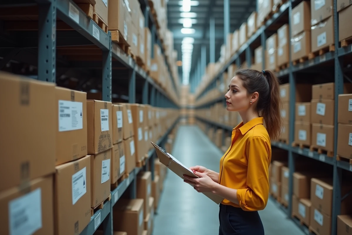 Employée logistique inspectant des colis internationaux dans un entrepôt d'expédition Mondial Relay