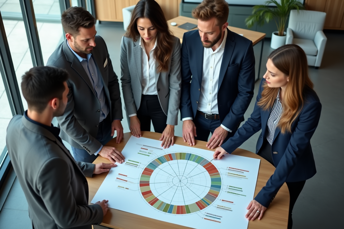 Groupe de professionnels discutant autour d'un diagramme dans un bureau moderne