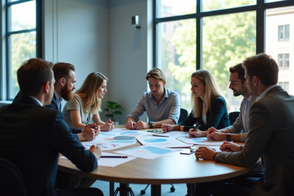 Groupe de professionnels en réunion dans un bureau lumineux