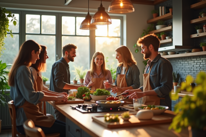 Espace cuisine partagé avec jeunes adultes cuisine et discute