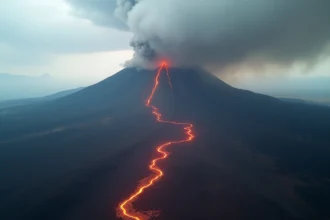 Vue aérienne de l'éruption de l'Etna en 2026, avec des coulées de lave incandescentes et des colonnes de cendres vues depuis un hélicoptère