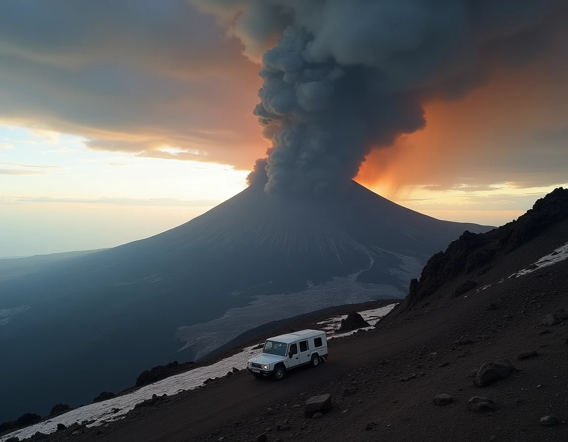 Vue au sol de l'éruption de l'Etna en 2026 depuis une crête rocheuse, avec le panache de cendres géant s'élevant au-dessus du cratère sommital