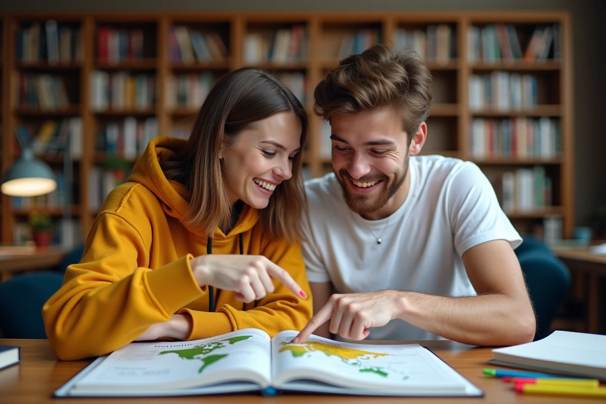 Deux étudiants en bibliothèque consultant un atlas pour trouver une capitale commençant par la lettre G