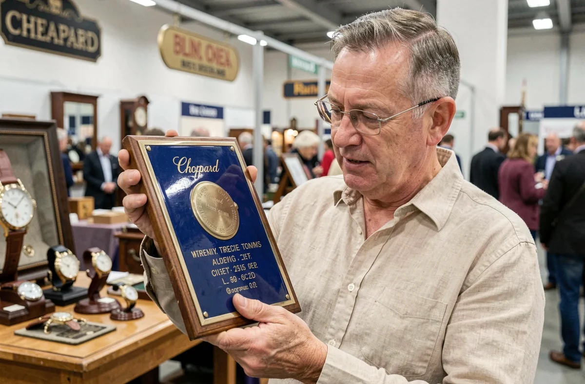 Expert en antiquités inspectant l'envers d'une plaque émaillée Chopard pour en vérifier l'authenticité