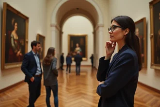 Femme experte analysant une grande peinture célèbre dans une galerie de musée aux murs crème et parquet en bois