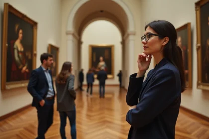 Femme experte analysant une grande peinture célèbre dans une galerie de musée aux murs crème et parquet en bois